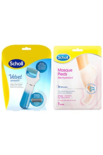 Scholl Routine Pieds Doux : Râpe Pieds électrique Velvet Smooth Rouleau Exfoliant et Masque Pieds Très Hydratant Huile de Noix de Coco