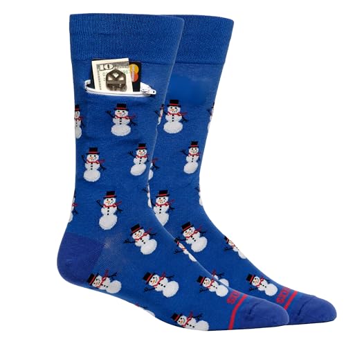 Pocket Socks Men Fashion Cotton Crew Socks, Hidden Zipper Security Pocket for Travel ID, Ear Buds and More, One Size, Blue Snowmen