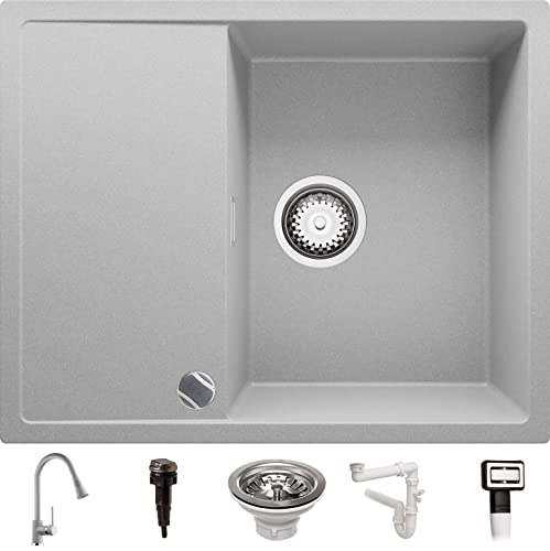 Lavabo Cuisine en Granit Gris, 62 x 50 cm, Evier 1 bac + Robinet + Siphon Automatique, Évier à Encastrer de Primagran Cover