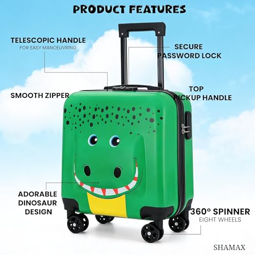 Image of Shamax Kids Luggage Hard Shell Trolley Bag with Spinner Wheels | Lightweight Suitcase for Girls Travel & School Trips Cabin Luggage, 360 Wheels & Adjustable Handle (Green) (Kid /Luggage /Croco)