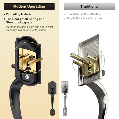 Image of Front Door Lock Set, Black Front Door Handle and Deadbolt Set, Vintage Exterior Door Lock Set, Front Door Handle with Single Cylinder, Reversible for Right & Left, Matte Black
