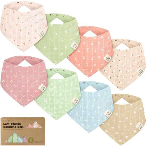 Image of 8-Pack Muslin Baby Bibs for Boys, Girls - Muslin Bandana Drool Bibs for Baby Girl & Boy, Drooling Newborn, Teething Toddler, Infant 0-36 Months, Soft Cotton Extra Absorbent (Wild Bloom)
