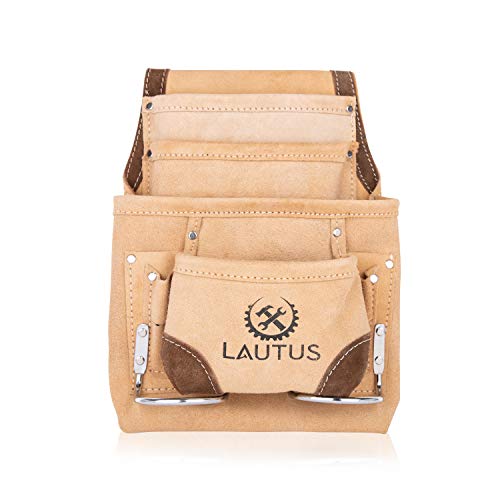 Image of LAUTUS Leather Tool Pouch Bag |Carpenter, Construction, Framers, Handyman |2 Hammer Holders, 10 Pockets|