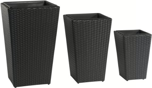 Preisvergleich Produktbild GARTENFREUDE Pflanzkübel Pflanzgefäße Blumenkübel Blumentopf für Blumen etc. Polyrattan 46 x 46 x 68 cm, 37 x 37 x 57 cm, 28 x 28 x 40 cm, inkl. wasserdichtem Kunststoffeinsatz, schwarz