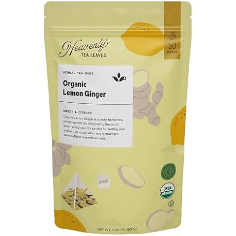 Heavenly Tea Leaves Organic Lemon Ginger, Bulk Compostable Herbal Tea Sachet (50 Pyramid Tea Bags) - 100% Plastic Free, Premium Quality Whole Leaf Tea in a Convenient Tea Bag Cover