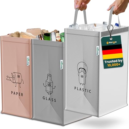 Norggo® Mülltrennsystem 3fach – Set aus 3 Mülltrennsysteme für Plastik, Papier und Glas – Recycling Behälter 40L mit Griff – Abfall & Recycling Lösung – Mülltrennsystem Küche – Altpapier & Altglas