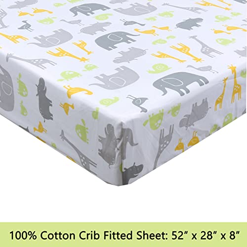 Image of 100 Cotton 3 Piece Toddler Sheet Set, Soft Breathable Crib Bedding Set for Boys Includes a Flat Sheet, a Fitted Sheet, a Pillowcase, Safari Fun Animals Elephant Giraffe Hippo Grey