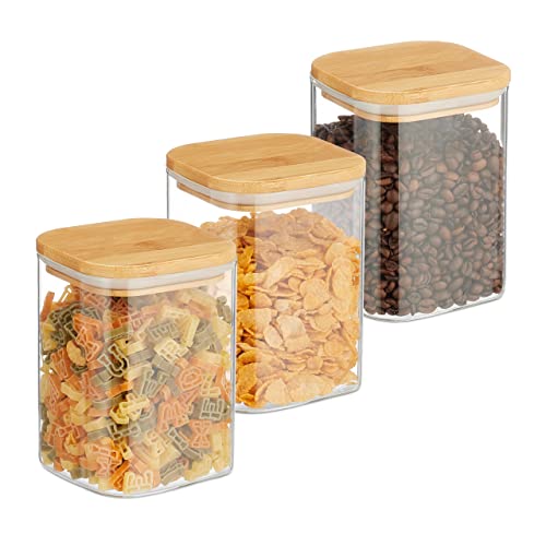 Relaxdays Botes Cristal con Tapa Bambú, Set de 3, Recipientes Cuadrados 900 ml, Tarros Herméticos, Transparente/Natural