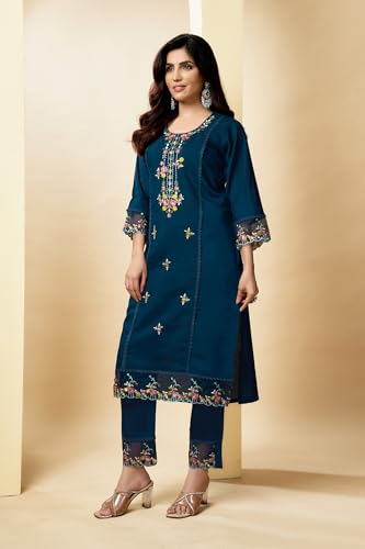 Image of Multi Embroid Kurta Set with Dupatta | Roman Silk Embroidered Kurta Set for Women | Women's Ethnic Casual Kurti Set |Kurta Pant Festive Suit