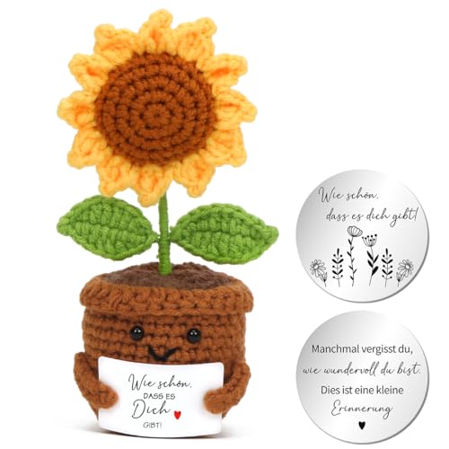 Gehäkelte Blumen, Pocket Hug Sonnenblume mit Umarmung Glücksbringer, Gestrickte Blumenpuppe, Positive Blume, Mutmacher Geschenk für Freund Familie Kollegen C26