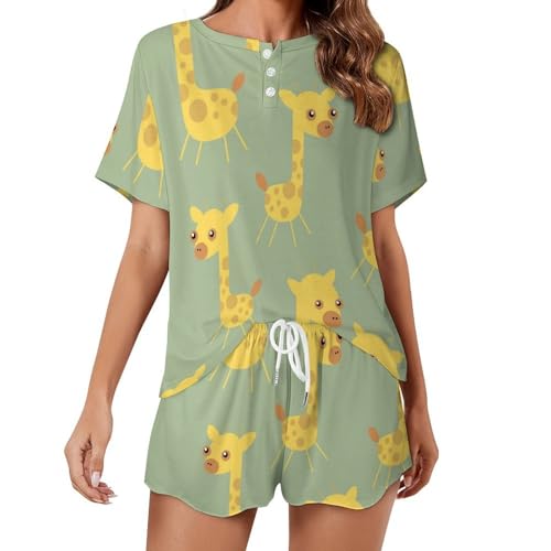 Pyjama girafe jaune pour femme avec ensemble short et manches courtes d'été
