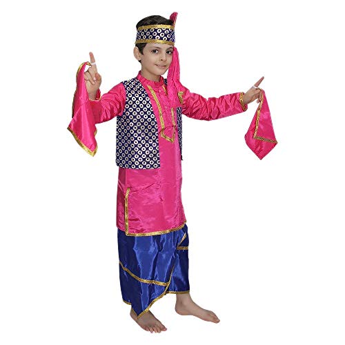 Kaku Fancy Dresses Indian State Punjabi Folk Dance Costume for Kids/Bhangda Gidda Dance Costume for Boys - Firozi & Magenta, 10-12 Years