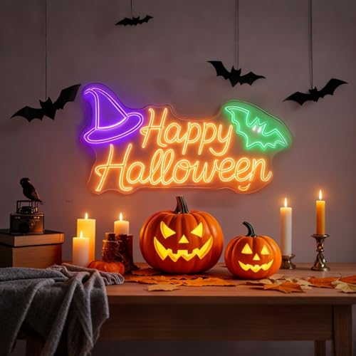 Image of Custom Happy Halloween LED Lights, Personalized Halloween Bat Neon Signs for Wall, Window, Room, Home, Party, Battery Operated or USB. RGB for Indoor, Business