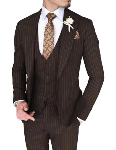 Formal Stripe Suits for Men 3 Piece Slim Fit Single Breasted Pinstripe Blazer Vest Pants Set for Wedding Prom Business