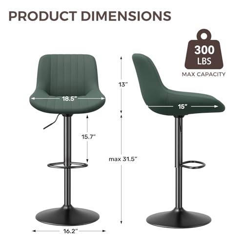 Image of Nalupatio Bar Stools Set of 2, Adjustable Modern Swivel Bar Stools with Backs, Counter Height Performance Fabric Island Chairs for Home Kitchen, Dark Green