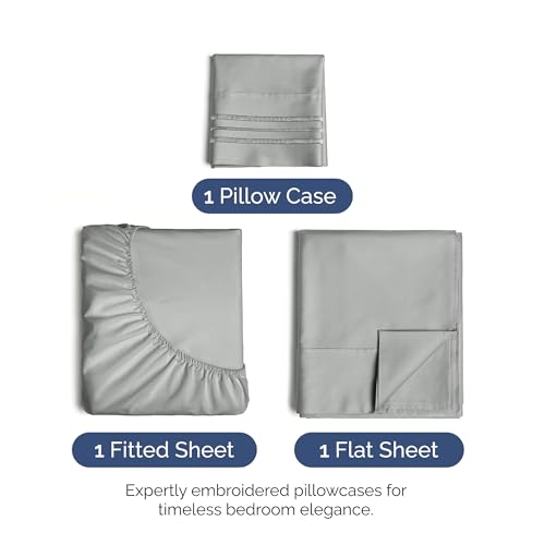 Image of Twin XL Size 3 Piece Sheet Set - Soft & Cooling Sheets - Light Slate Grey | Fits 8 Inch to 16 inch Mattress, Wrinkle Free & Fade Resistant with Deep Pockets, Breathable, Comfy Hotel Luxury Bedding