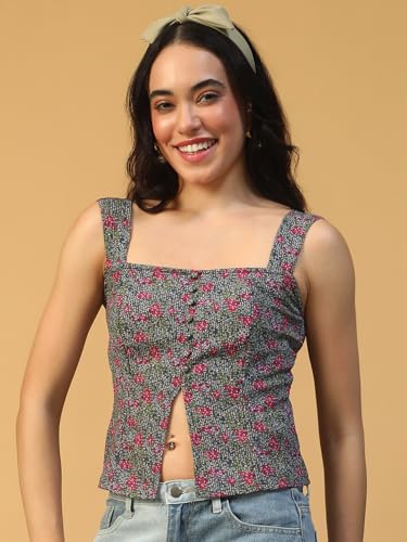 Image of oxolloxo Women Printed Top with Square Neck, Smocked Back, Shoulder Straps, Button Fly and Front Slit in Soft Poly Seersucker Dobby Fabric