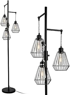 Rayofly Industrial Floor Lamp, 3-Lights Cage Standing Lamp with Diamond Lampshades and Rotary Switch, Vintage Black Floor Lamp, Retro Metal Tall Tree Lamps for Living Room, Bedroom, Office, E27, 165CM