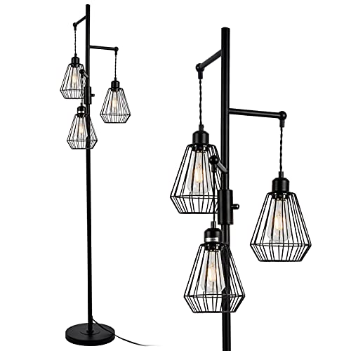 Rayofly Industrial Floor Lamp, 3-Lights Cage Standing Lamp with Diamond Lampshades and Rotary Switch, Vintage Black Floor Lamp, Retro Metal Tall Tree Lamps for Living Room, Bedroom, Office, E27, 165CM