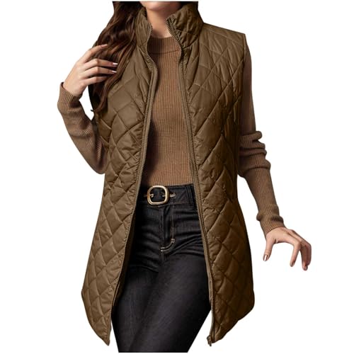jxsoyen Long Puffer Vest Women Sleeveless Stand Collar Quilted Vest Winter Warm Zip up Puffer Jacket Fashion Padded Outerwear