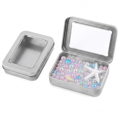 Image of HASTHIP 2Pcs Tin Box Small - Rectangular Metal Storage Box with Clear Window Portable Silver Tiny Storage Boxs for Candy, Mints, Jewelry, Gift and Craft Storages, 115x85x22mm