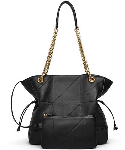 Doris&Jacky Leather Quilted Tote Bag for Women Soft Designer Lambskin Shoulder Chain Purse With 1 Small Clutch Pouch (1-Black)