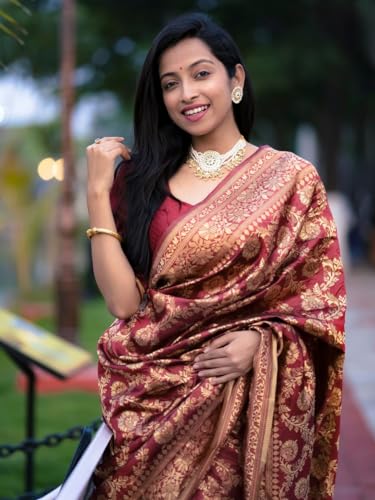 EthnicJunction Women's Banarasi Silk Jacquard Work Saree With Blouse Piece (EJ6008-1009-Banarasi-Bale-Cherry Maroon)