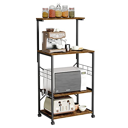 Bestier Kitchen Bakers Rack Microwave Stand Kitchen Cart on Wheels Utility Storage Shelf with 10 Side Hooks Kitchen Organizer Shelves with Adjustable Feet