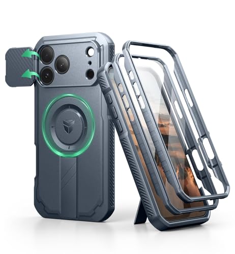 Image of Dexnor for iPhone 17 Pro Max Case, [2 Front Frame & Built-in Flip Camera Cover & Kickstand], Compatible Wireless Charging, Heavy-Duty Shockproof Case with Screen Protector, 6.9 inch Navy Blue
