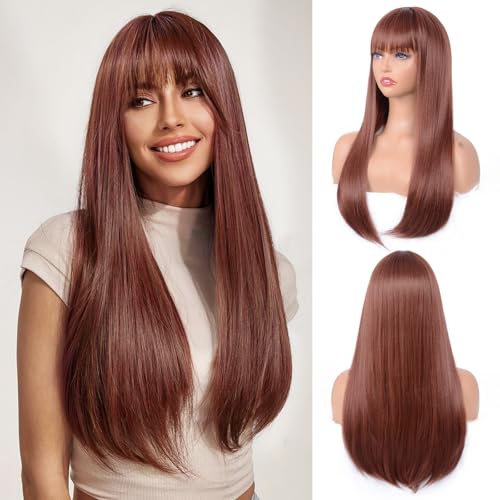 Aida ble Long Straight Brown Wig with Bangs 24inch Synthetic Wigs for Women