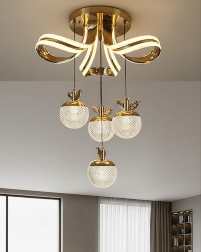 Image of swanart Applora Modern LED Apple Hanging Ceiling Light, Decorative Gold Chandelier, Designer Ceiling Light, Pendant Light for Living Room, Bedroom & Dining Room