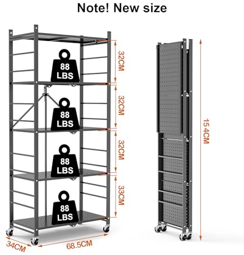 Image of Himix 5-Tier Foldable Storage Shelves with 20 Hooks Wheels Grey Display | Folding shelving units, Metal collapsible organization, Wire shelf, No assembly, Bookshelf, Kitchen, Home rack, Holds 440 Ibs