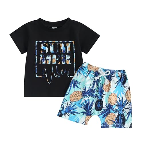 KnniMorning TEES Newborn Baby Boy Summer Outfits Coconut Tree Pineapple Pirint Black T Shirt And Shorts Toddler Beach Clothes (Blue, 18-24 Months)