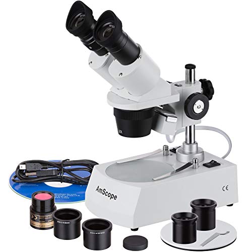 AmScope SE306R-PZ-E Digital Forward-Mounted Binocular Stereo Microscope, WF10x and WF20x Eyepieces, 20X/40X/80X Magnification, 2X and 4X Objectives, Upper and Lower Halogen Lighting, Reversible Black/White Stage Plate, Pillar Stand, 120V, Includes 0.3MP Camera and Software