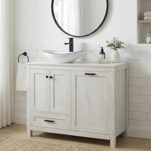SOLIDEE 42 Bathroom Vanity Cabinet with Removable Laundry Hamper Modern Standing Pedestal Cabinet with White Ceramic Boat Sink