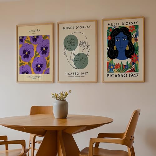 Image of NoWorries Modern Abstract Wall Art Frame | London Chelsea Floral Print & Picasso' Inspired Wall Art Paintings 300 GSM Premium Prints | Stylish Home Decor for Living Room, Office & Bedroom | Synthetic Wooden Wall Art Frames (Set of-3) (NATURAL, ART-3, 10X13INCHES)