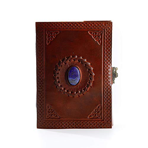 KPL Antique Vintage Handmade Embossed Leather Stone Journal Diary Notebook W/ Clasp Lock & Handmade Paper