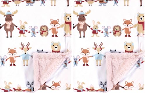 Image of Hudson Baby Infant Girl Plush Blanket with Furry Binding and Back, Girl Winter Woodland Friends, One Size (Pack of 2)