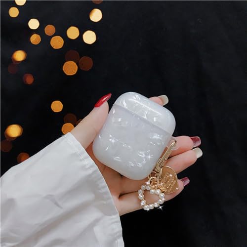 Image of OTOPO for Cute Airpods 2nd /1st Generation Case Girl Women with Cleaner Kit, Glitter Shell Pattern Apple iPods 2 /1 Gen Protective Cover Skin with Pearl Shell Keychain, White