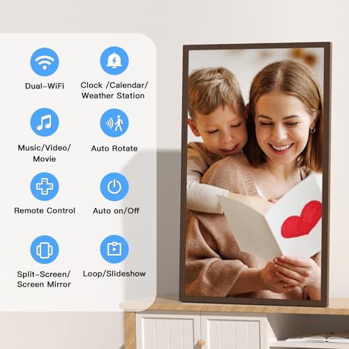 Image of Large Digital Picture Frame 32-Inch-WiFi-Photo-Frame - FHD IPS Digital Frame, Remote Control, Auto-Rotate, Load Photo Video from Phone via APP Email, Free Cloud Storage, Dark Wood Grain, Gifts for Mom