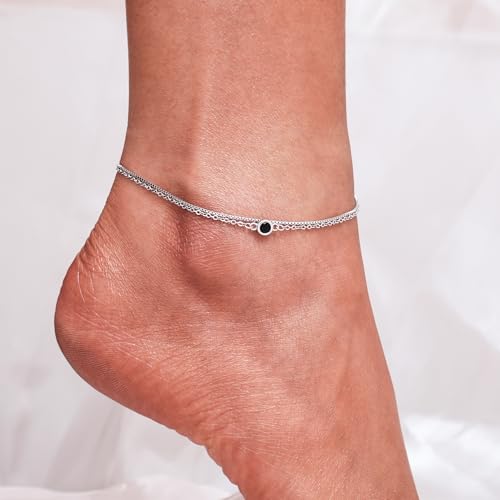 Image of CHIC & ARTSY 925 Sterling Silver Ankle Bracelets for Women, Adjustable Double Layer Chain Anklets, Minimalist Lightweight Foot Jewelry for Beach & Everyday Wear