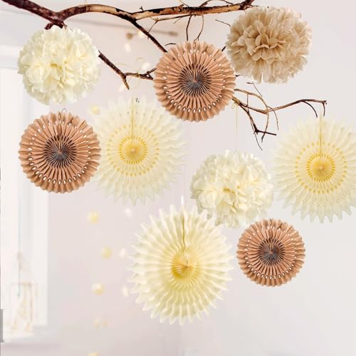 Image of SUNBEAUTY Brown Party Decorations Boho Wedding Party Decor Brown Beige Tissue Pom Poms Paper Fans Hanging Neutral Women Birthday Party Decorations Bridal Shower Baby Shower Rustic Engagement Decor