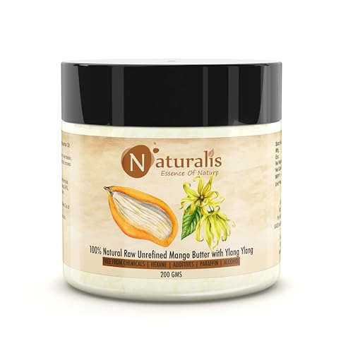 Image of Naturalis Mango Butter with Ylang Ylang Essential Oils | 200gm | Raw, Unprocessed & Unrefined Body Butter | Ingredient for Lip Balm & Cream | Smooth Texture in Skincare Blends
