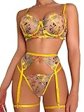 Kaei&Shi Garter Belt Lingerie Set,Underwire Floral Embroidered 4 Piece Sheer Lace Lingerie,Thong Matching Thigh Straps Sexy Lingerie for Women Boudoir Yellow Medium