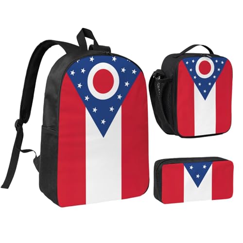 Ohio State Flag print Shoulder Bookbags Lunch Bag and Pen Case 17 inches Backpack with Lunch Box, Cute Bookbag Set