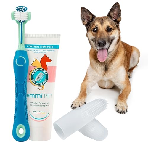 emmi-pet Zahnpflegeset für Hunde - 1x3köpfige Hundezahnbürste mit 1x Hundezahnpasta und 2x Fingerzahnbürste (Blau, Erwachsene - Senioren)