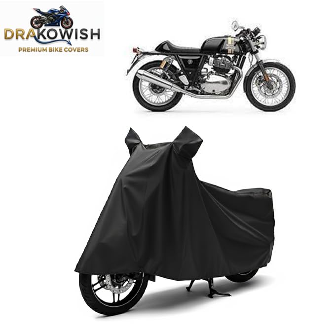 Image of DRAKOWISH Waterproof Bike Cover for Royal Enfield Continental GT650 All Weather Protection from Rain, Dust, UV Rays & Scratches with Mirror Pockets & Buckle Belt