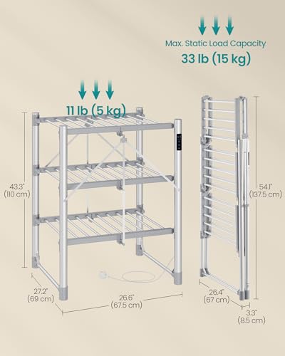 SONGMICS Heated Clothes Airer, 3-Tier Large Electric Clothes Dryer Rack, Foldable, Indoor Drying for Laundry, Control Panel, with Fabric Cover, Aluminium Alloy, Silver LLR705EZ01 - Image 7