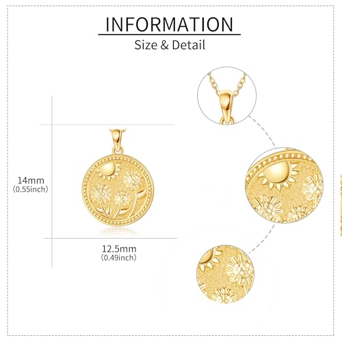 ELFRONT 14K Gold Sunflower Necklace 14K Solid Yellow Gold Coin Sunflower Pendant Necklace Gold Sunflower Flower Jewelry for Women Gifts4