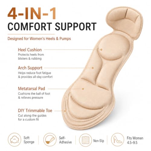 Image of Heel Cushion Inserts for Women - Soft Sponge Shoe Pads for Loose Shoes, Arch & Metatarsal Pain Relief, Comfort Insoles for High Heels (Fits Women 4.5-9.5, Beige)
